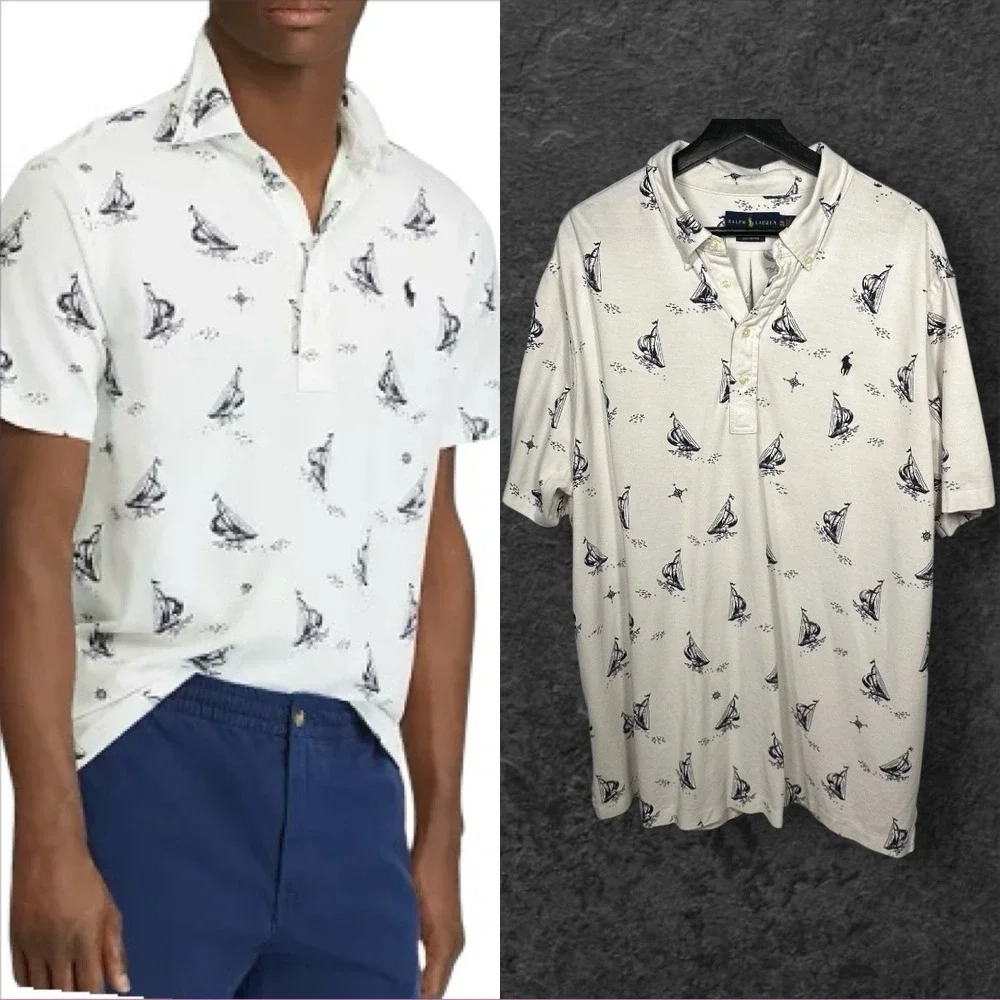 Ralph Lauren Polo Shirt Mens XXLT Oxford All Over Print Sailboat Print Nautical‎